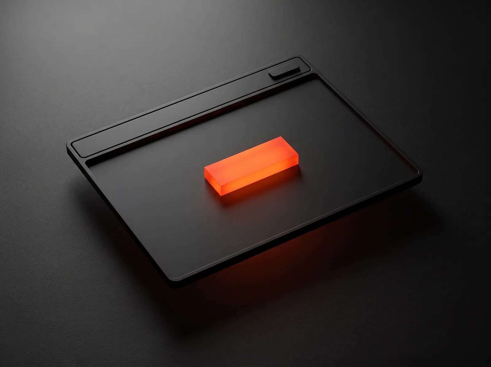 Conversion-ready web experience A black browser-window slab whose single call-to-action button glows orange