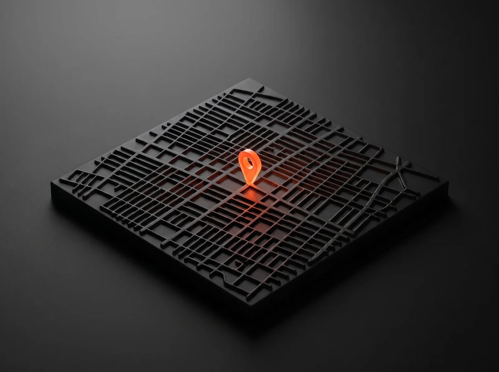 A black relief tile of a dense city street grid with one glowing orange location pin: web design built for Hialeah businesses A black relief tile of a dense city street grid with one glowing orange location pin: web design built for Hialeah businesses
