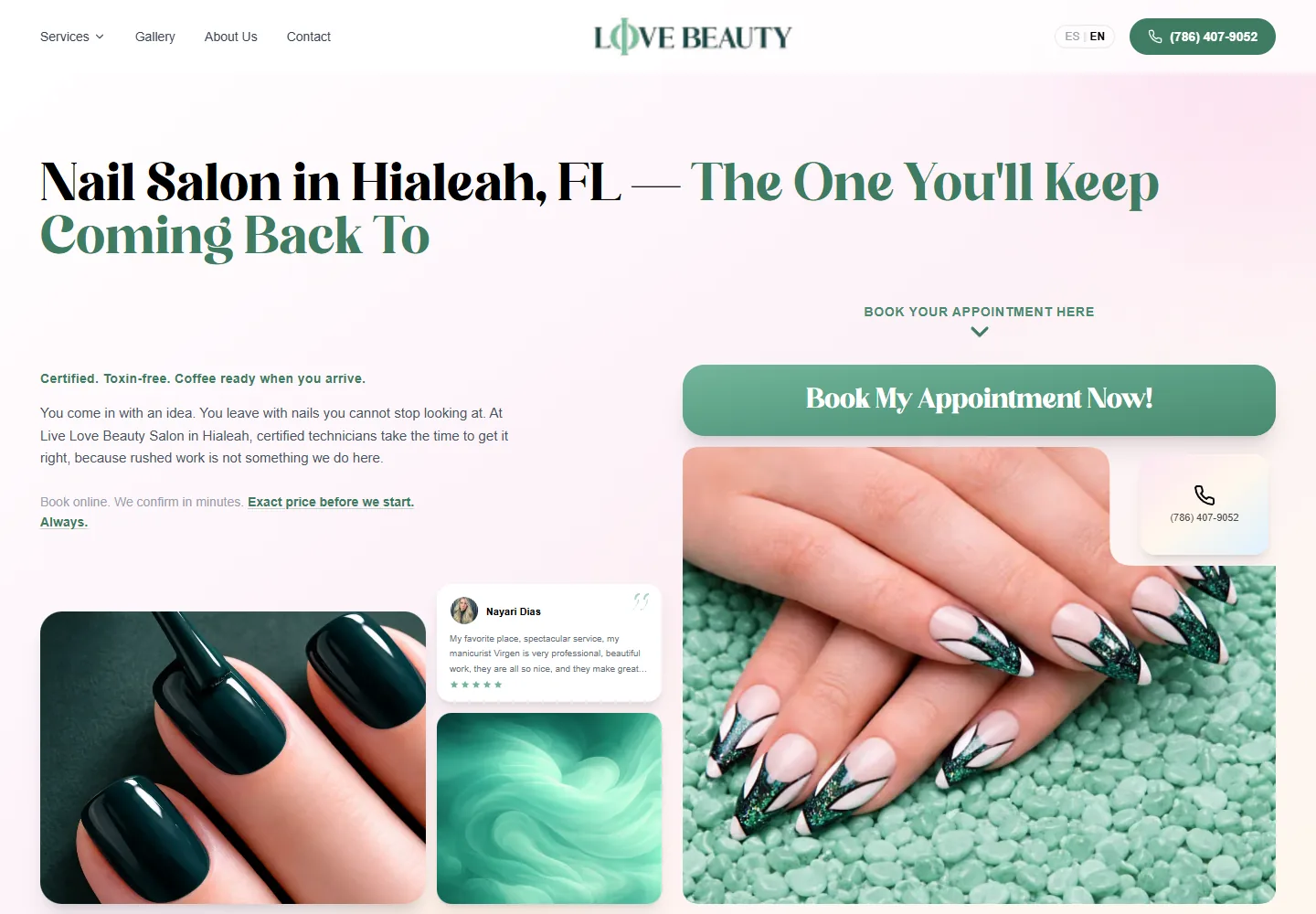 Home page of the Live Love Beauty Salon & Spa website in Hialeah, built by tamer Marketing