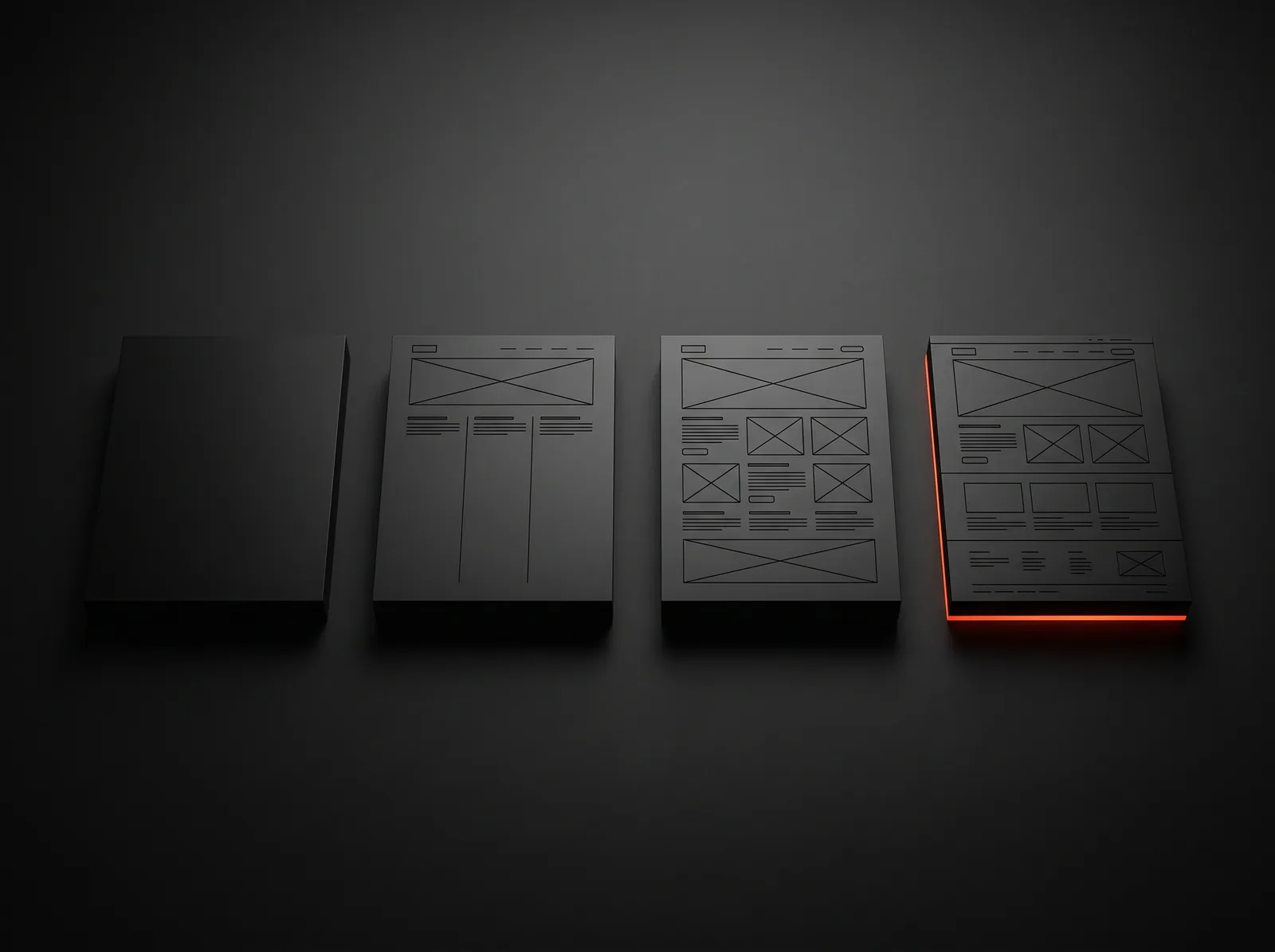 Four black blocks, each one more assembled into a web page, the last lit by an orange edge: the web design process from plan to launch Four black blocks, each one more assembled into a web page, the last lit by an orange edge: the web design process from plan to launch