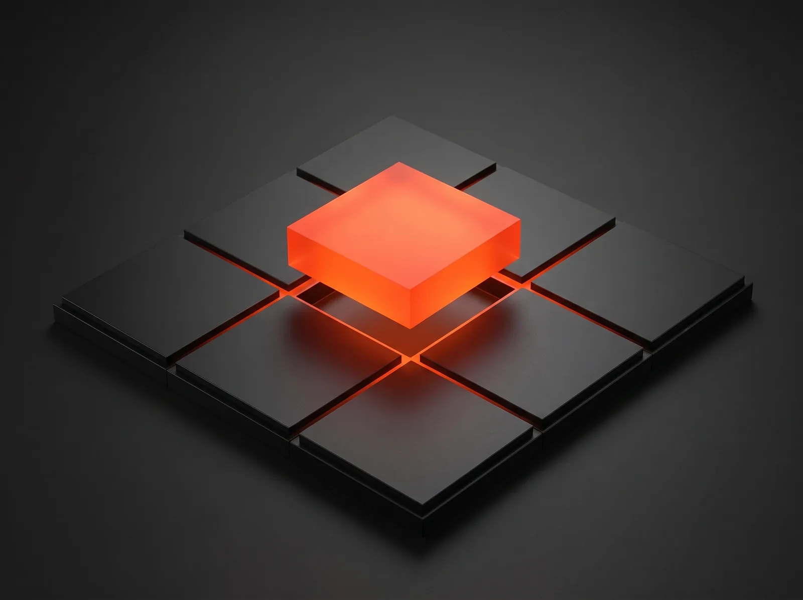 WordPress web design experts A grid of black modular tiles with one orange tile being lowered into its slot: WordPress themes and plugins built to fit