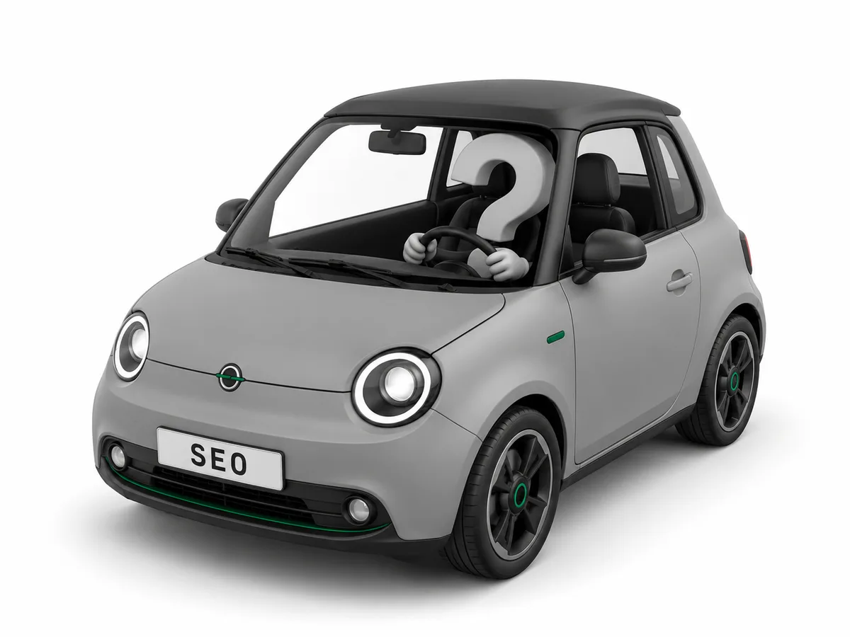 What is driving your SEO? A question mark character driving a grey car with an SEO license plate, illustrating uncertainty about what is really driving your SEO results