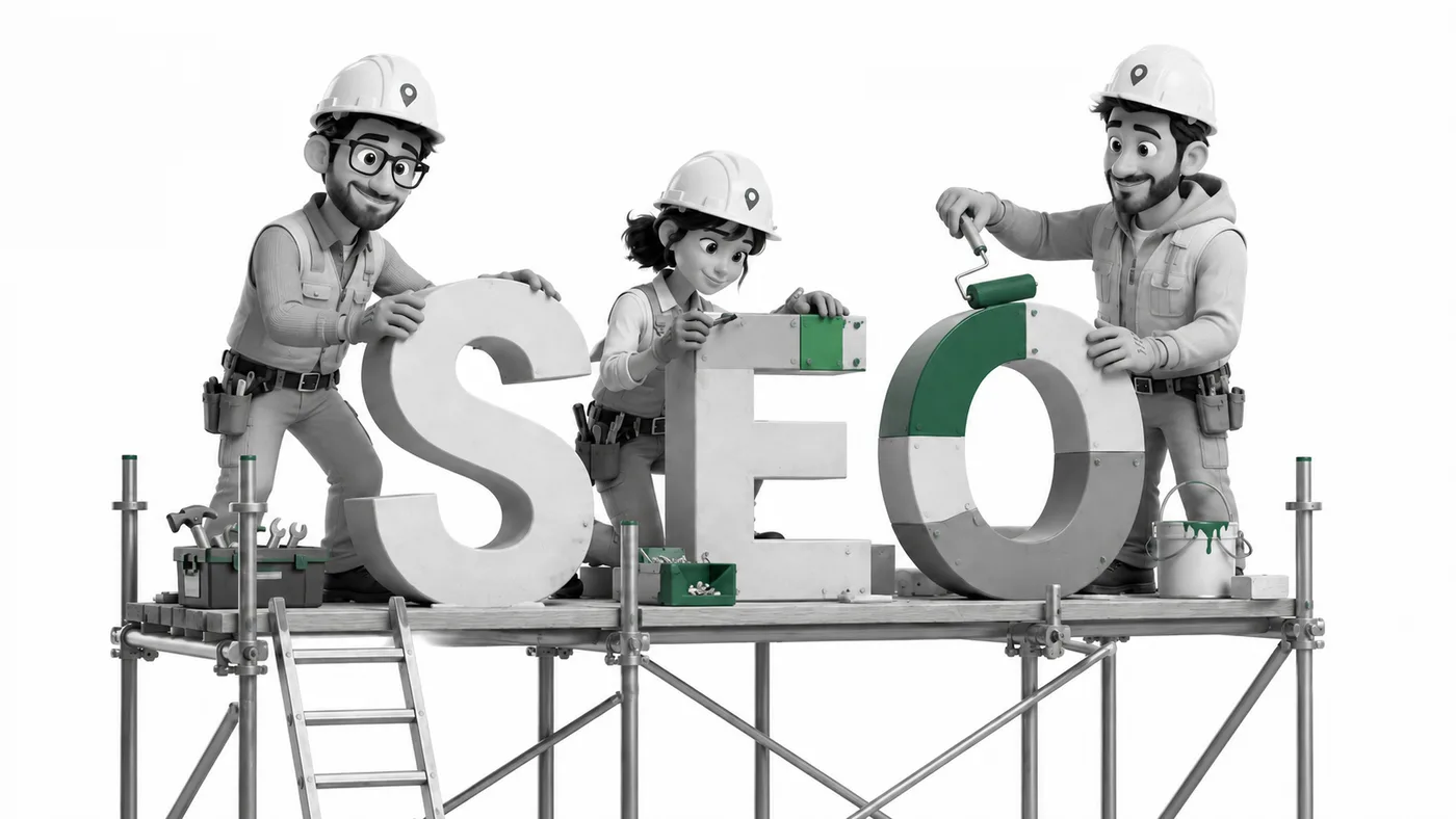 SEO is built, not bought Three construction workers building large SEO letters on scaffolding, illustrating that strong SEO is built and maintained over time