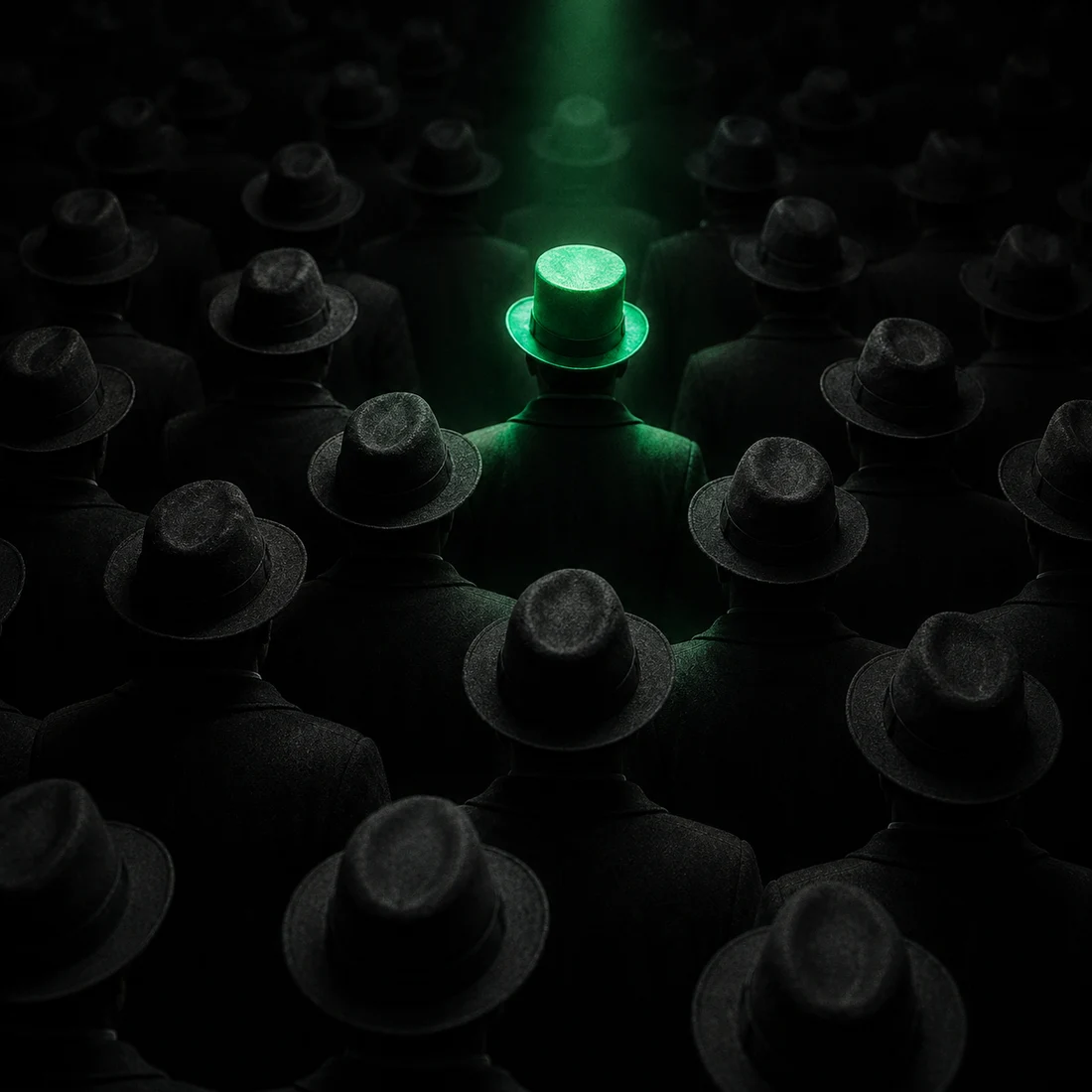Una multitud de sombreros oscuros idénticos y una chistera verde iluminada desde arriba: la marca que la IA encuentra