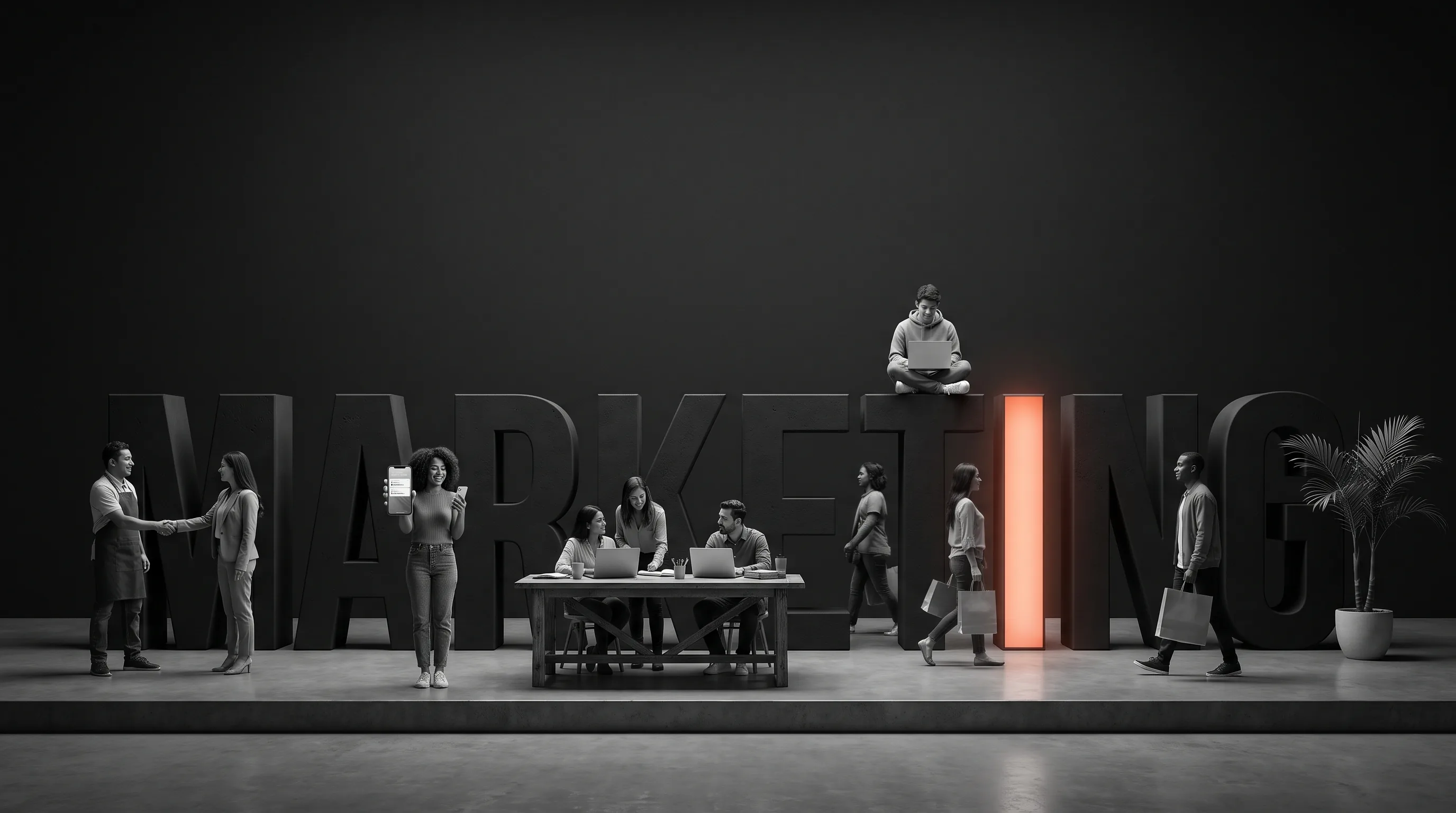 Hialeah business owners and a marketing team working around giant concrete letters that spell MARKETING, one of them glowing orange