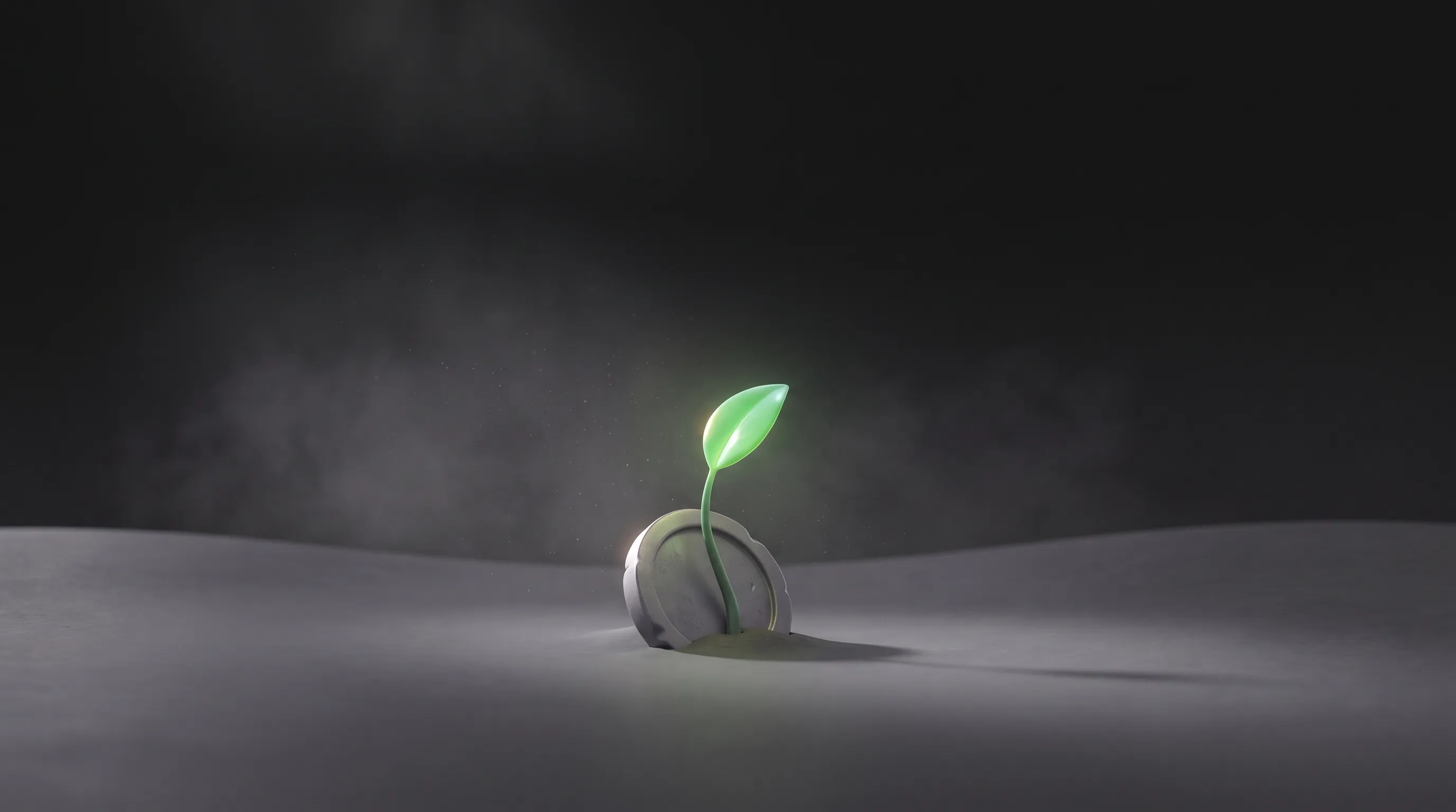 A gray coin half buried in the ground with a single glowing green sprout growing out of it, a marketing investment that pays back and grows