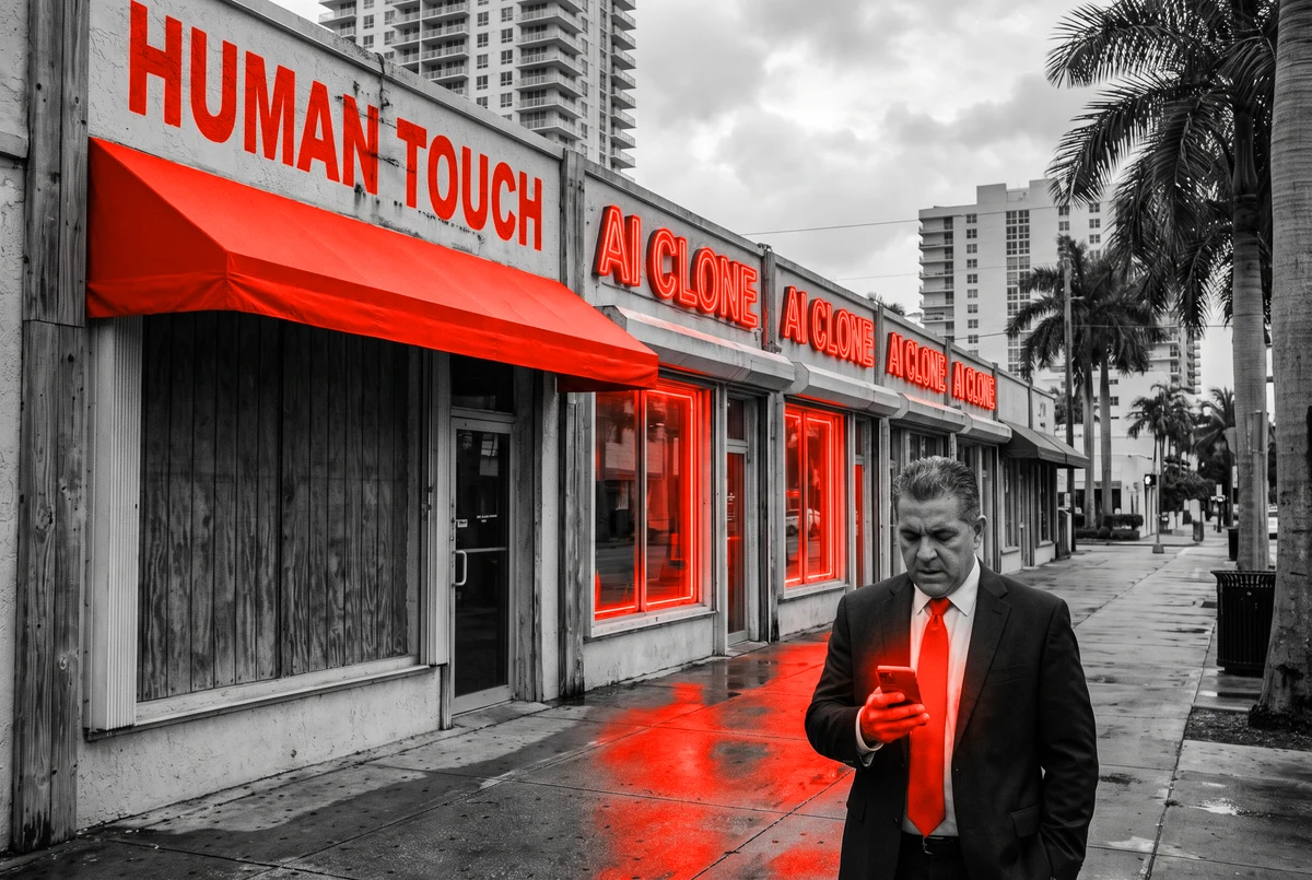 AI builds the same page for everyone until someone finishes it A row of identical cloned storefronts beside one finished by hand with a orange awning