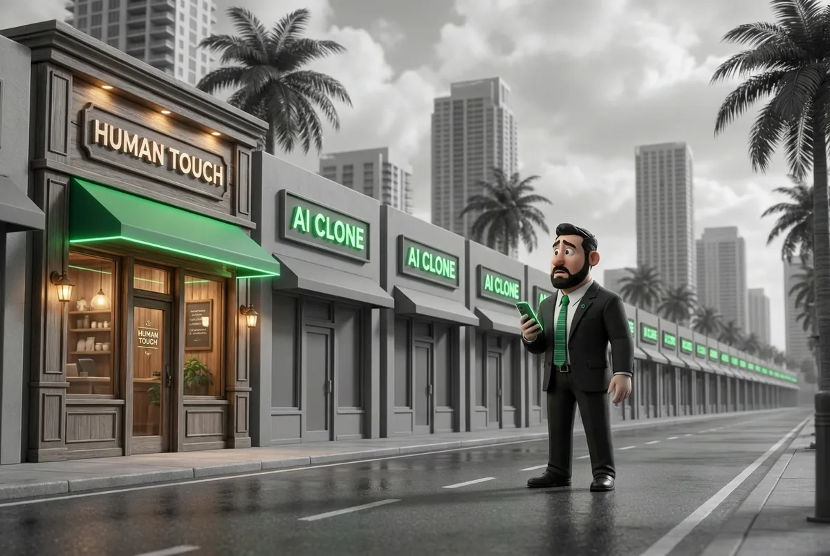 A row of identical cloned storefronts beside one finished by hand with a green awning