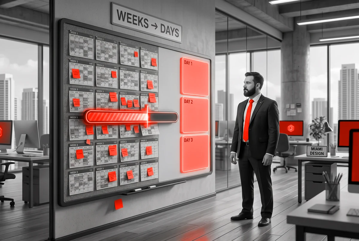 What AI actually compresses is the waiting, not the thinking A wall planner where weeks of grey work compress into three orange days