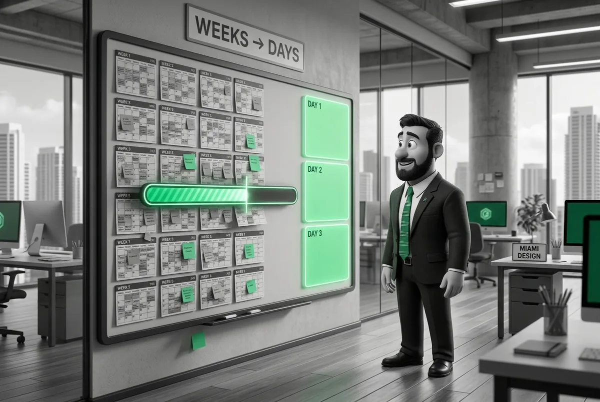 A wall planner where weeks of grey work compress into three green days