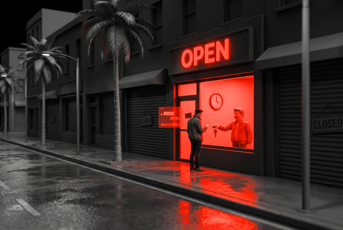 The assistant answers at two in the morning, when you cannot A shuttered street at night with one lit shop handing a key through the window