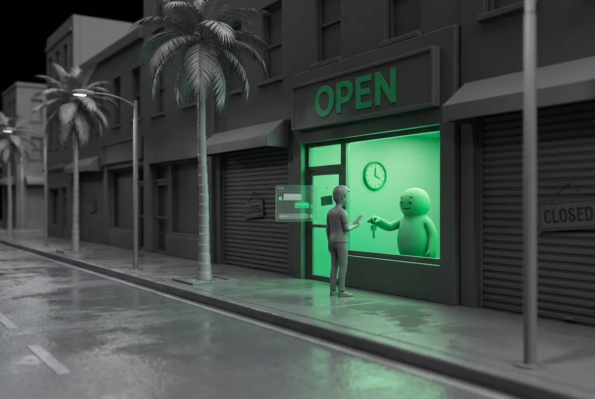A shuttered street at night with one lit shop handing a key through the window