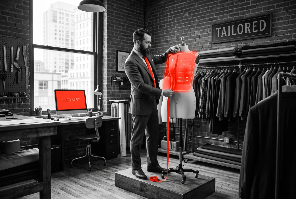 Custom means cut to your business, not adjusted from a template A website layout being fitted and pinned to measure on a tailor's dummy