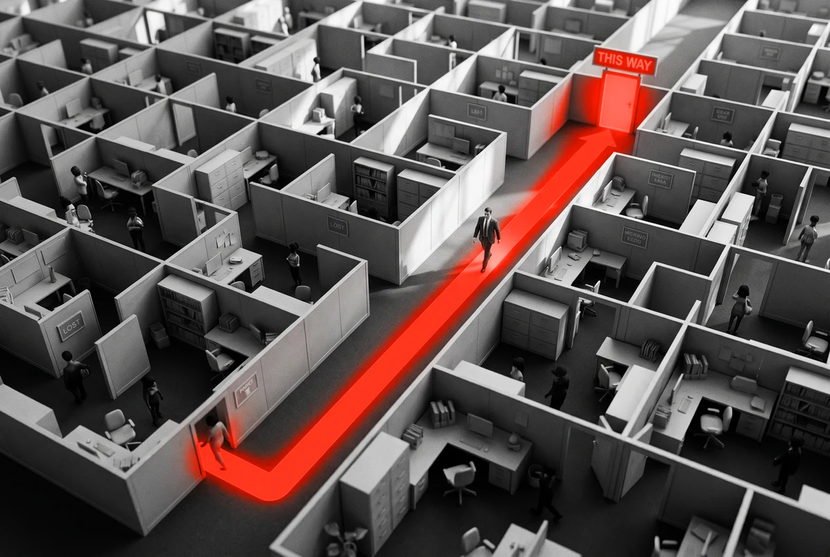 How your pages connect decides whether people arrive or give up A grey maze of corridors crossed by one clear orange path to the door