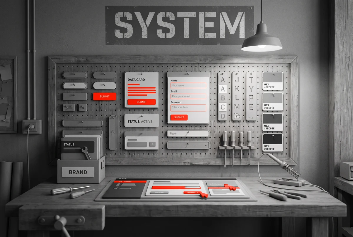 A visual system is what keeps a custom interface consistent A workshop pegboard holding interface parts arranged in order like tools