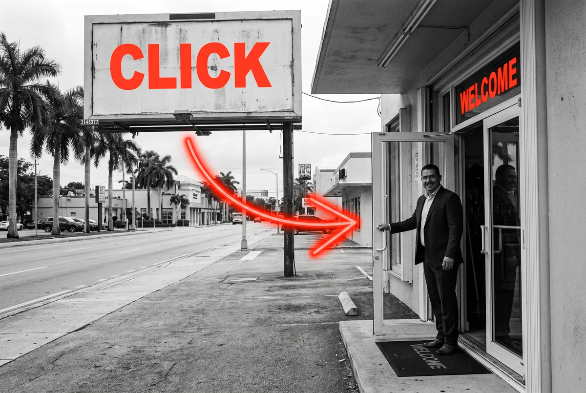 The click is where the campaign starts costing you, not where it ends A orange arrow launching from a billboard and landing on a shop's welcome mat