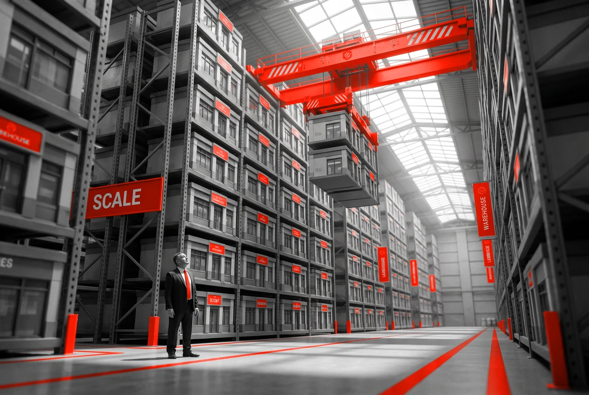 Magento earns its weight when the catalogue and the operation grow A orange gantry crane stacking modular storefront units into towering racks