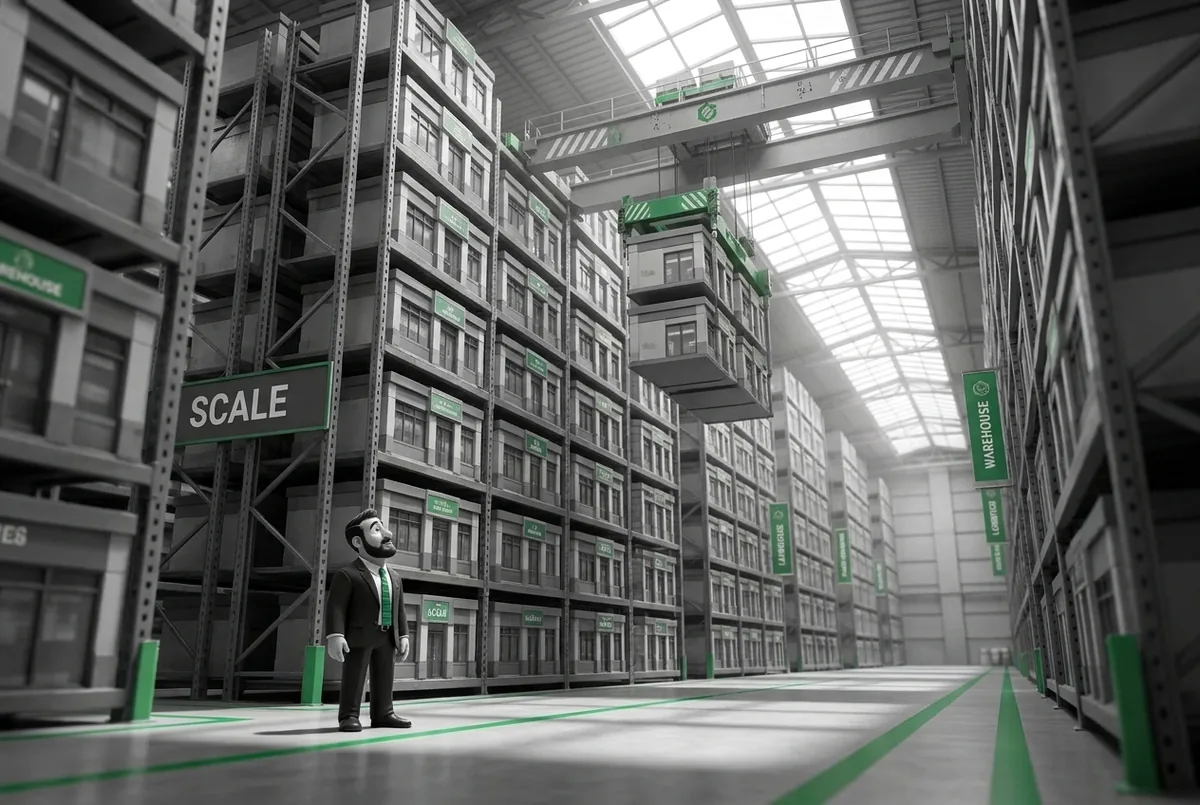 A green gantry crane stacking modular storefront units into towering racks