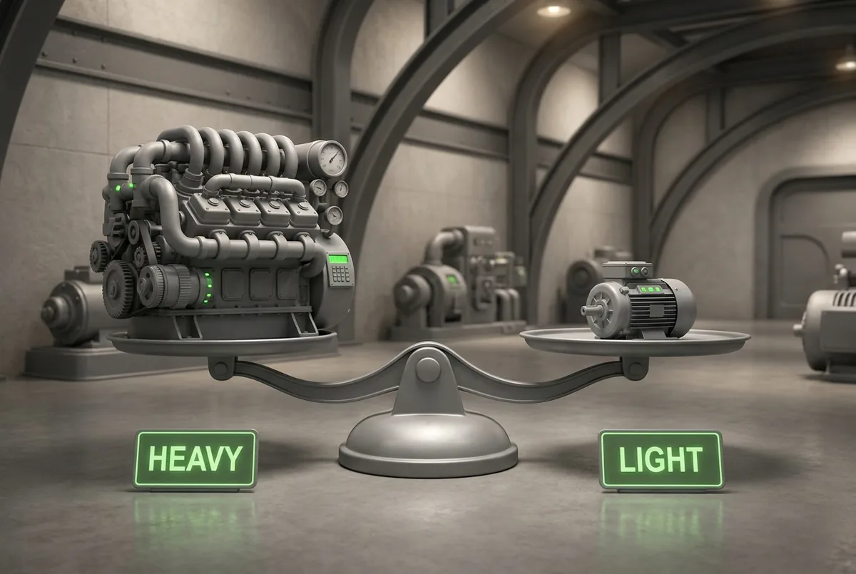 A balance scale weighing a heavy industrial engine against a compact motor