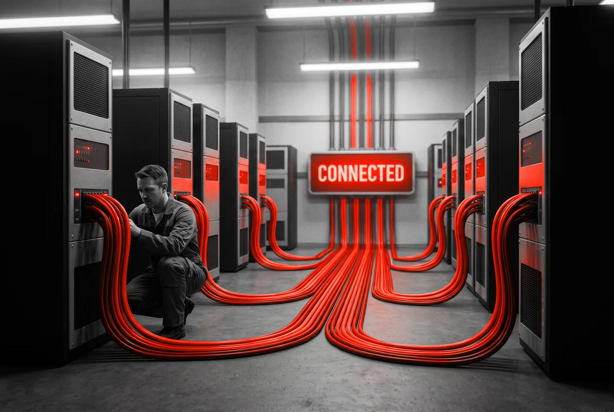 Integrations planned as one system instead of patched one by one Matte black cabinets joined by orange cables converging on a single hub