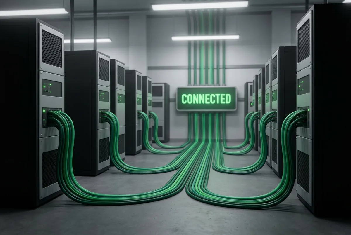 Matte black cabinets joined by green cables converging on a single hub