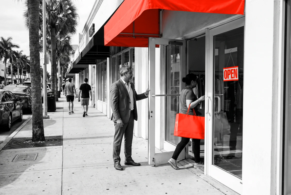 A shopper leaving a orange-awninged store with a bag while others drift past