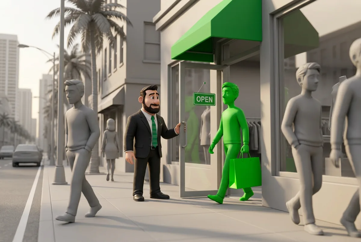 A shopper leaving a green-awninged store with a bag while others drift past