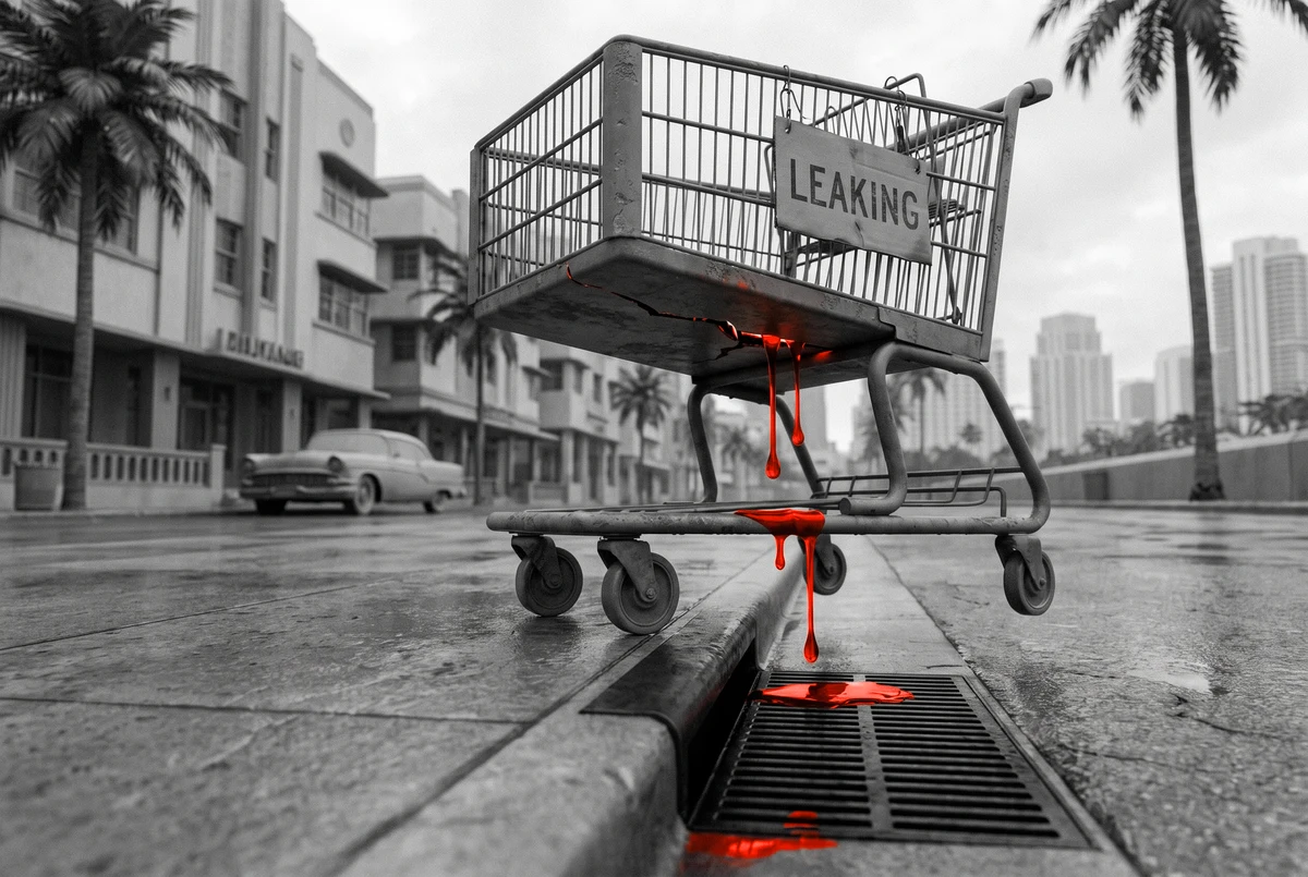 A cracked shopping trolley leaking orange drops into a storm drain
