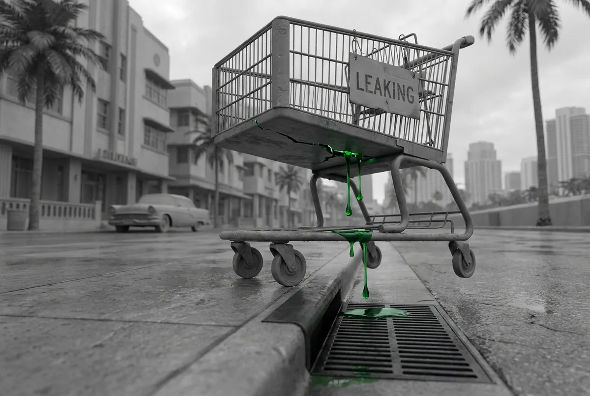 A cracked shopping trolley leaking green drops into a storm drain
