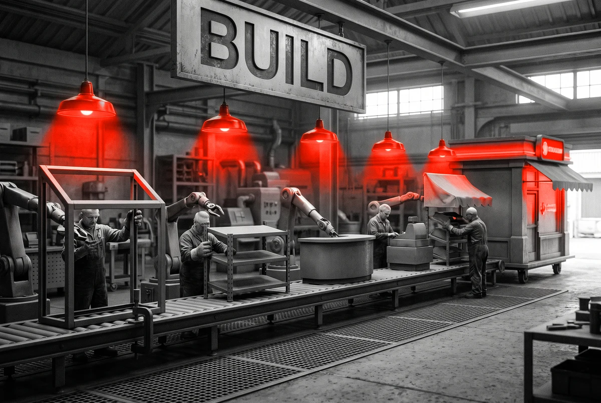An assembly line adding shelves, a counter and an awning to a bare frame