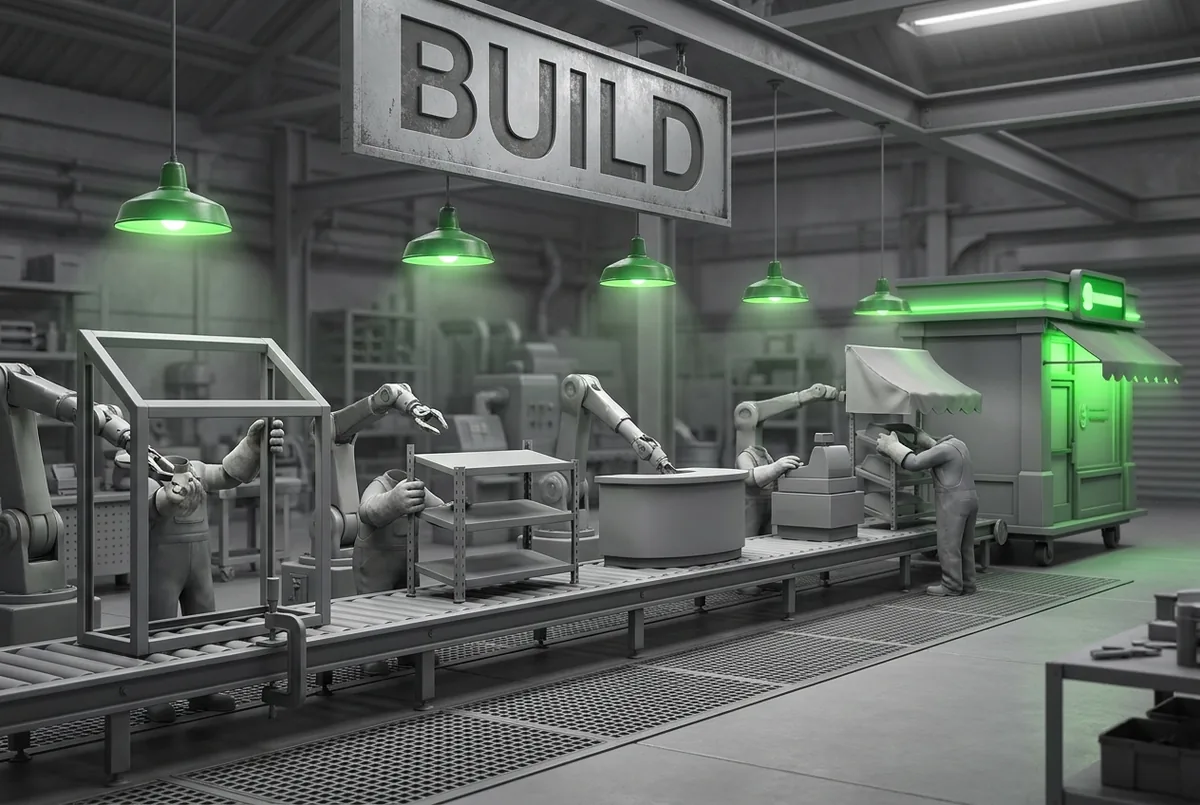 An assembly line adding shelves, a counter and an awning to a bare frame
