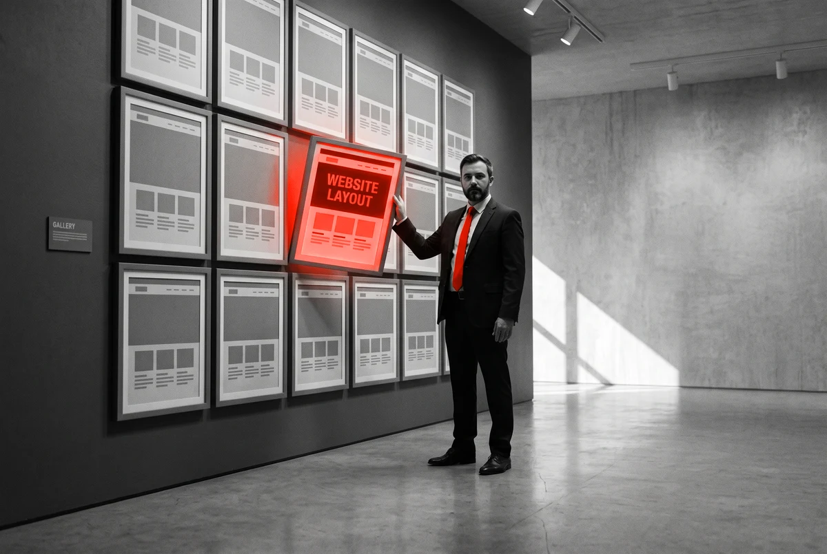 Choosing the template is the smallest decision you will make A gallery wall of framed layouts with one lifted out and lit in orange