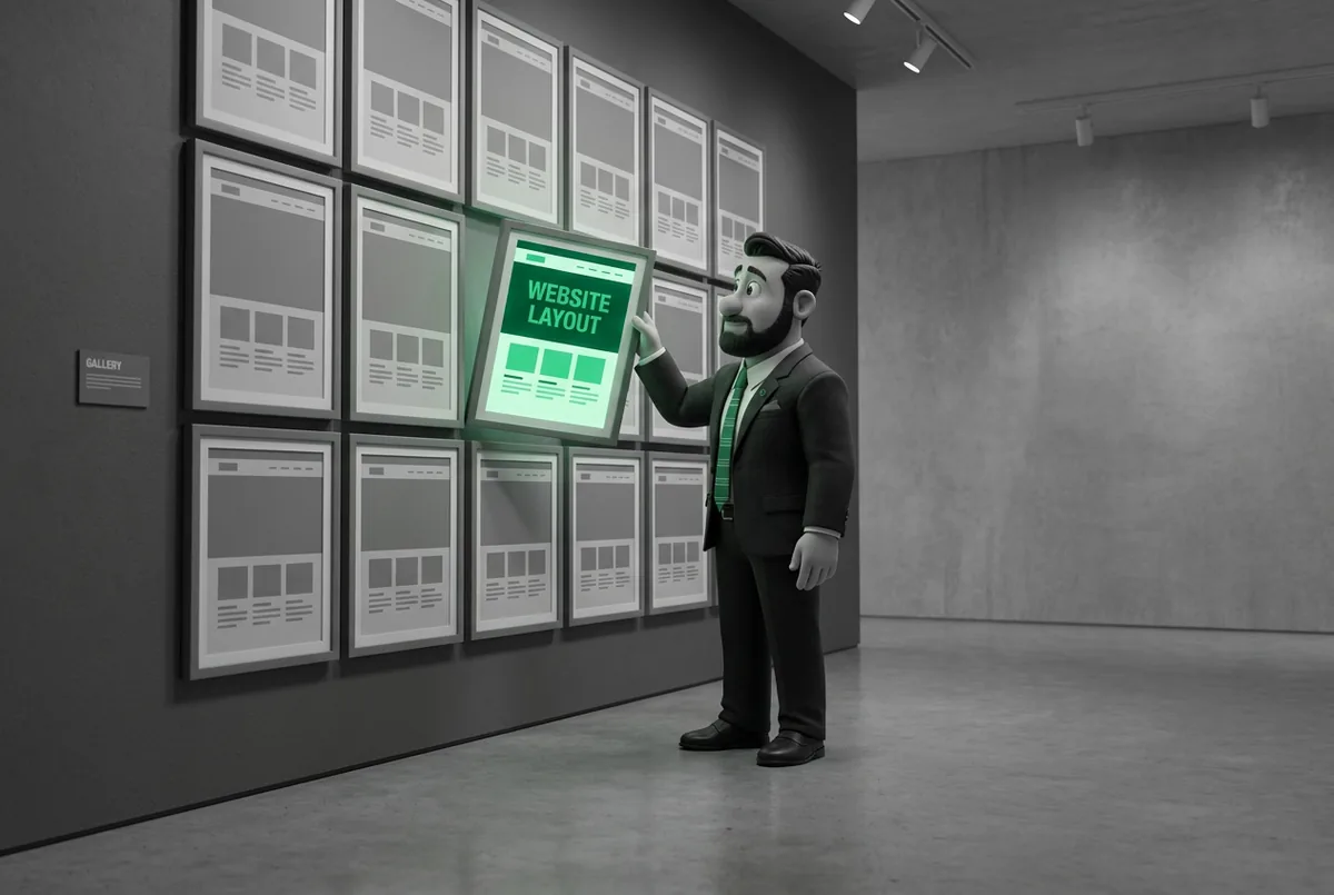 Una pared de galería con layouts enmarcados y uno separado e iluminado en verde