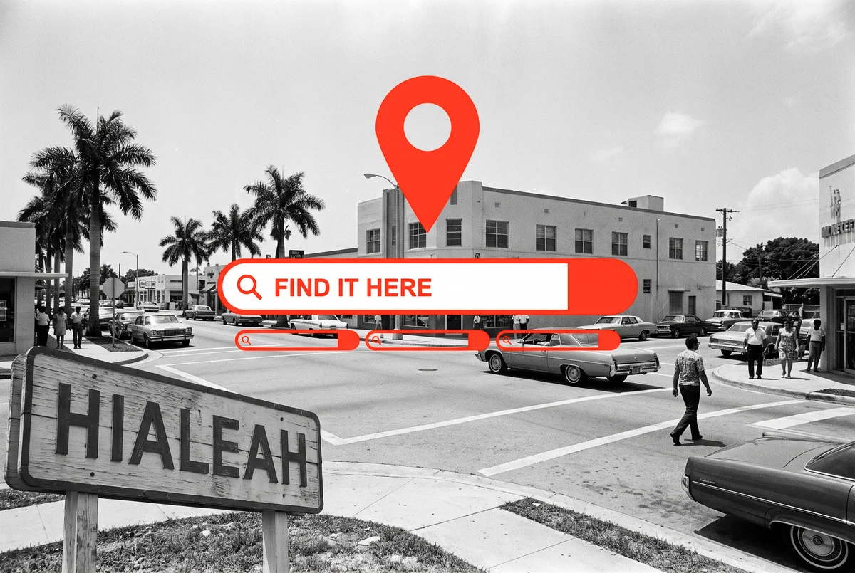 Local search is where a Hialeah business is found or missed A orange map pin rising on a podium built from stacked search result bars
