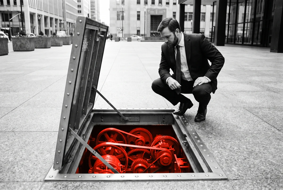 What holds a website up is the part nobody sees An open floor hatch revealing orange gears turning beneath a polished plaza