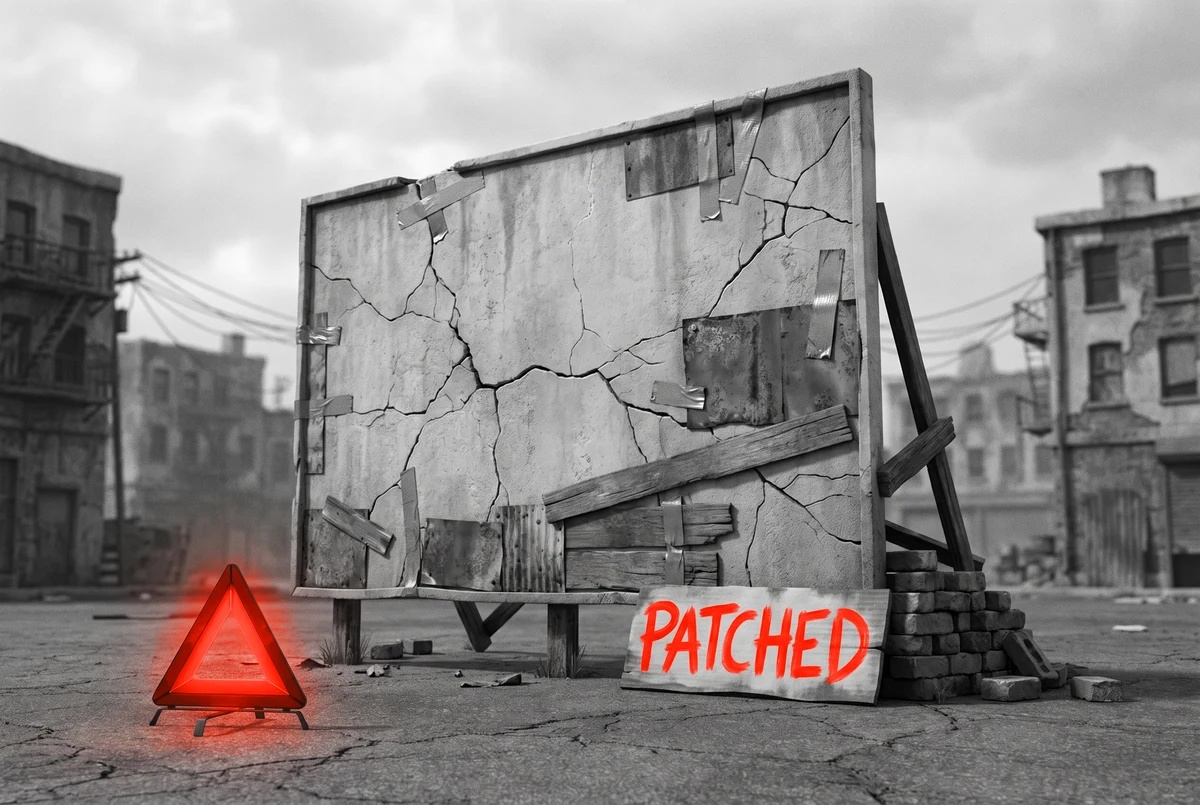 Patching buys time; at some point it starts costing more than rebuilding A cracked website panel taped together and propped up with crooked timber