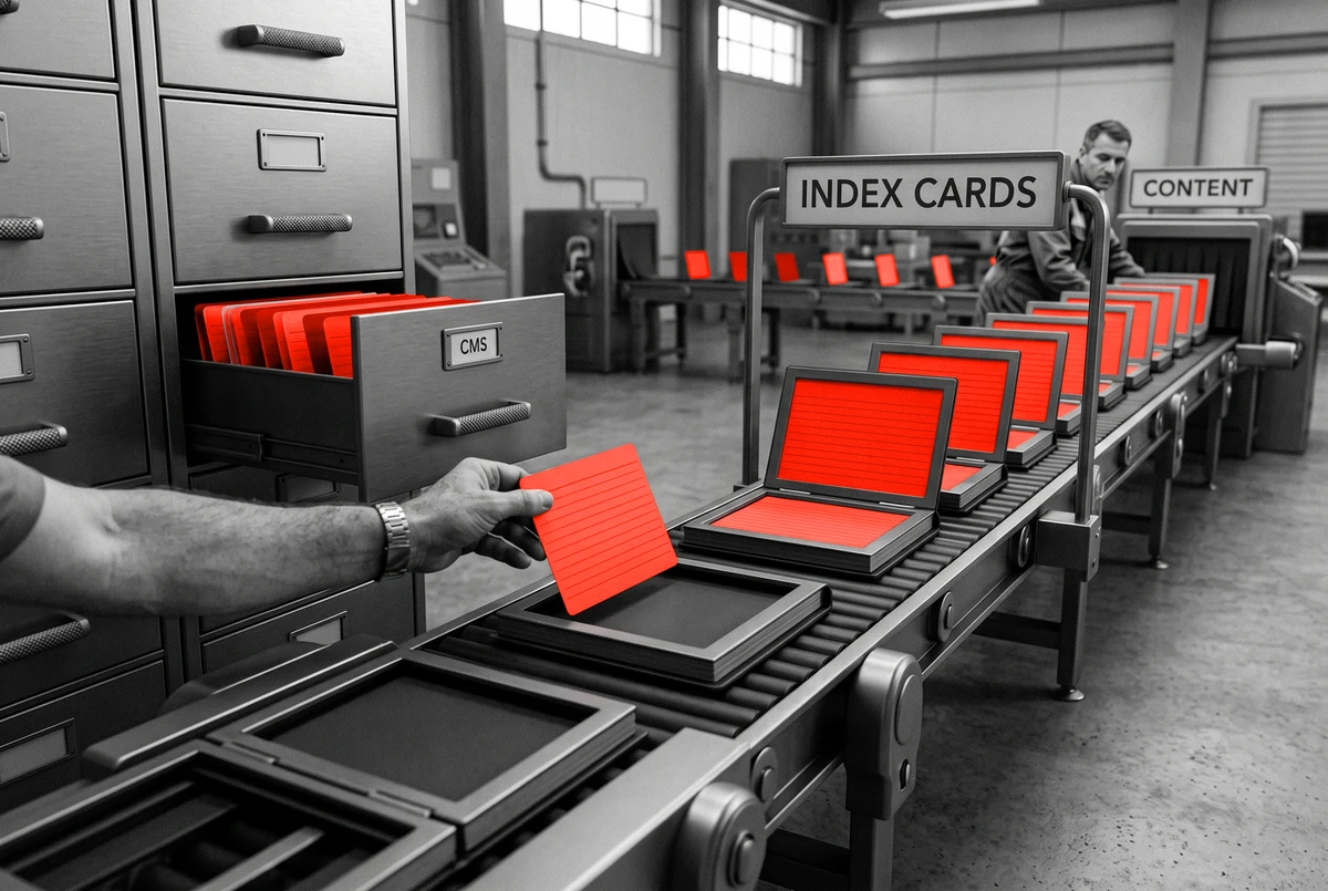 A card index feeding orange cards into identical page frames on a belt