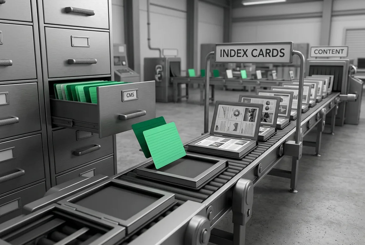 A card index feeding green cards into identical page frames on a belt