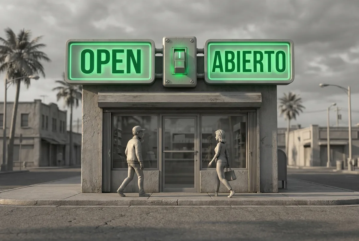 Two green signs over one door reading OPEN and ABIERTO with a switch between