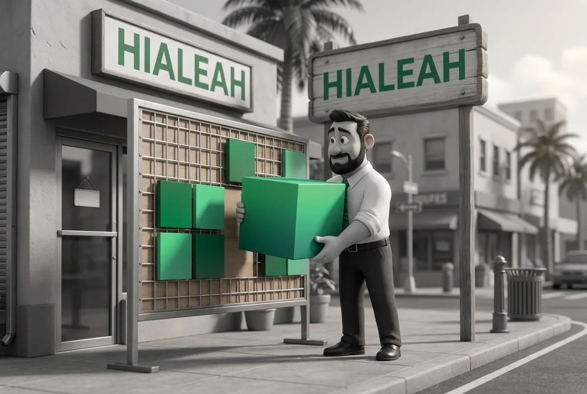A green content block being dropped into a page grid outside a Hialeah shop