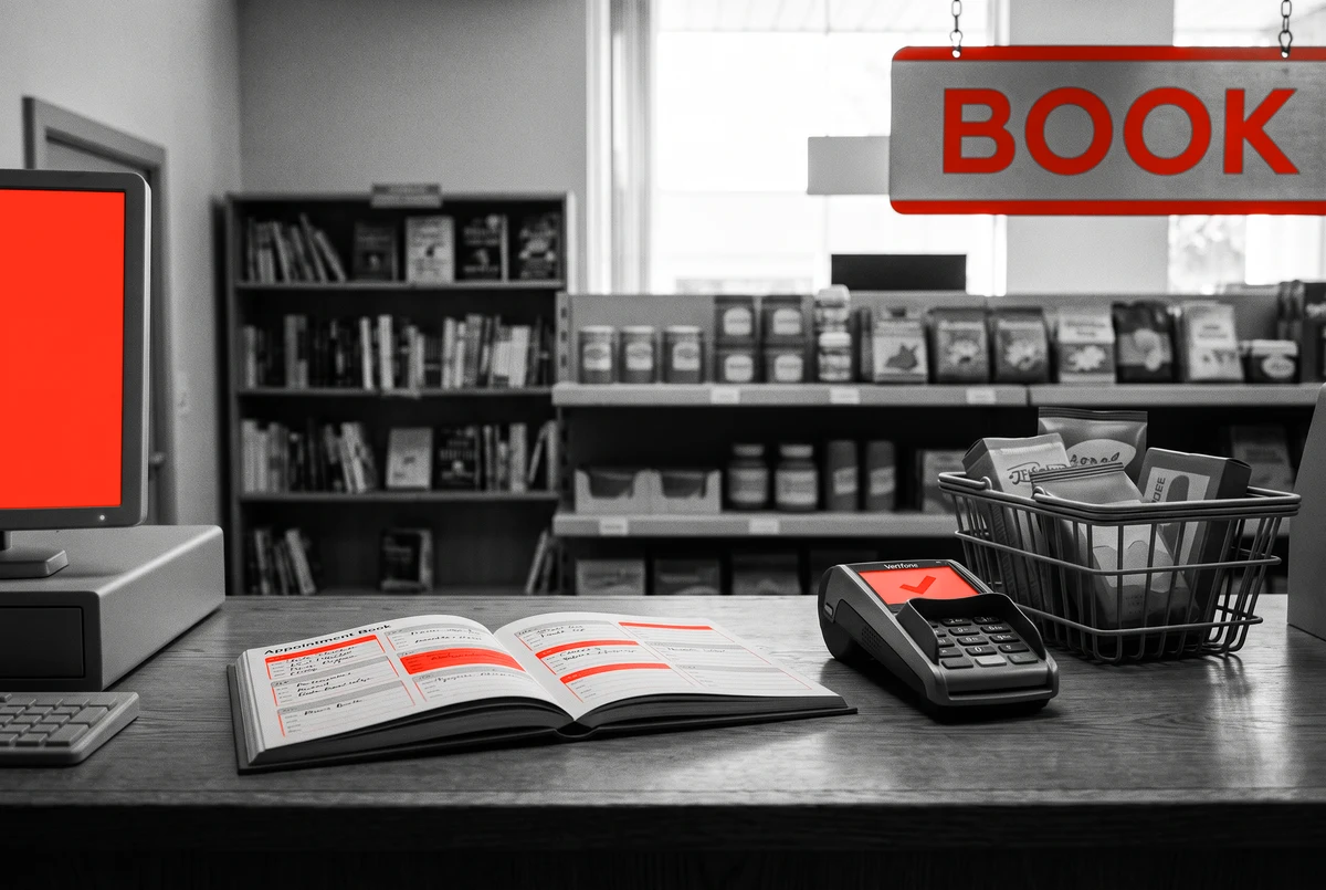 Booking, selling and charging from the same counter A counter with an appointment book, a card reader and a basket of goods