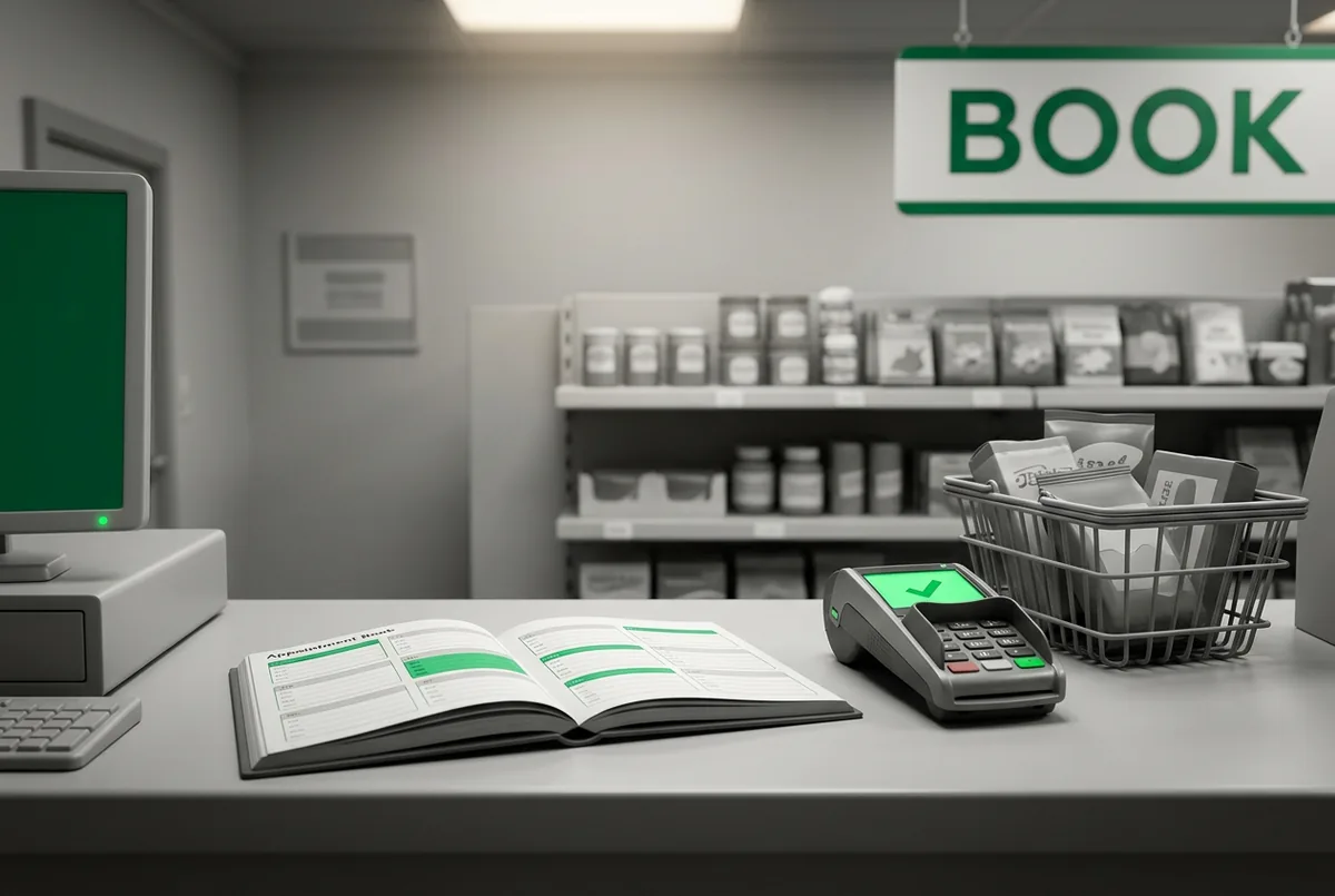 A counter with an appointment book, a card reader and a basket of goods