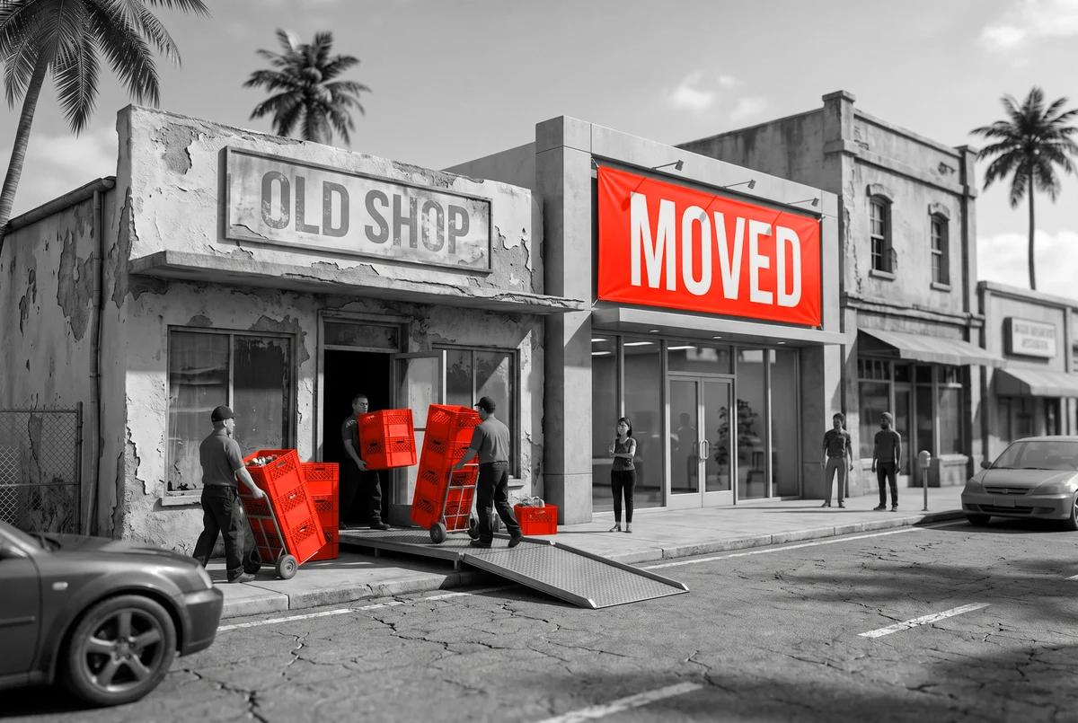 A migration is a move: everything arrives, nothing is left behind Movers carrying orange crates from a cracked old storefront to a new one