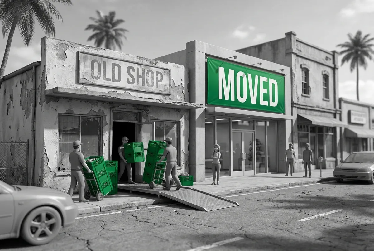 Movers carrying green crates from a cracked old storefront to a new one