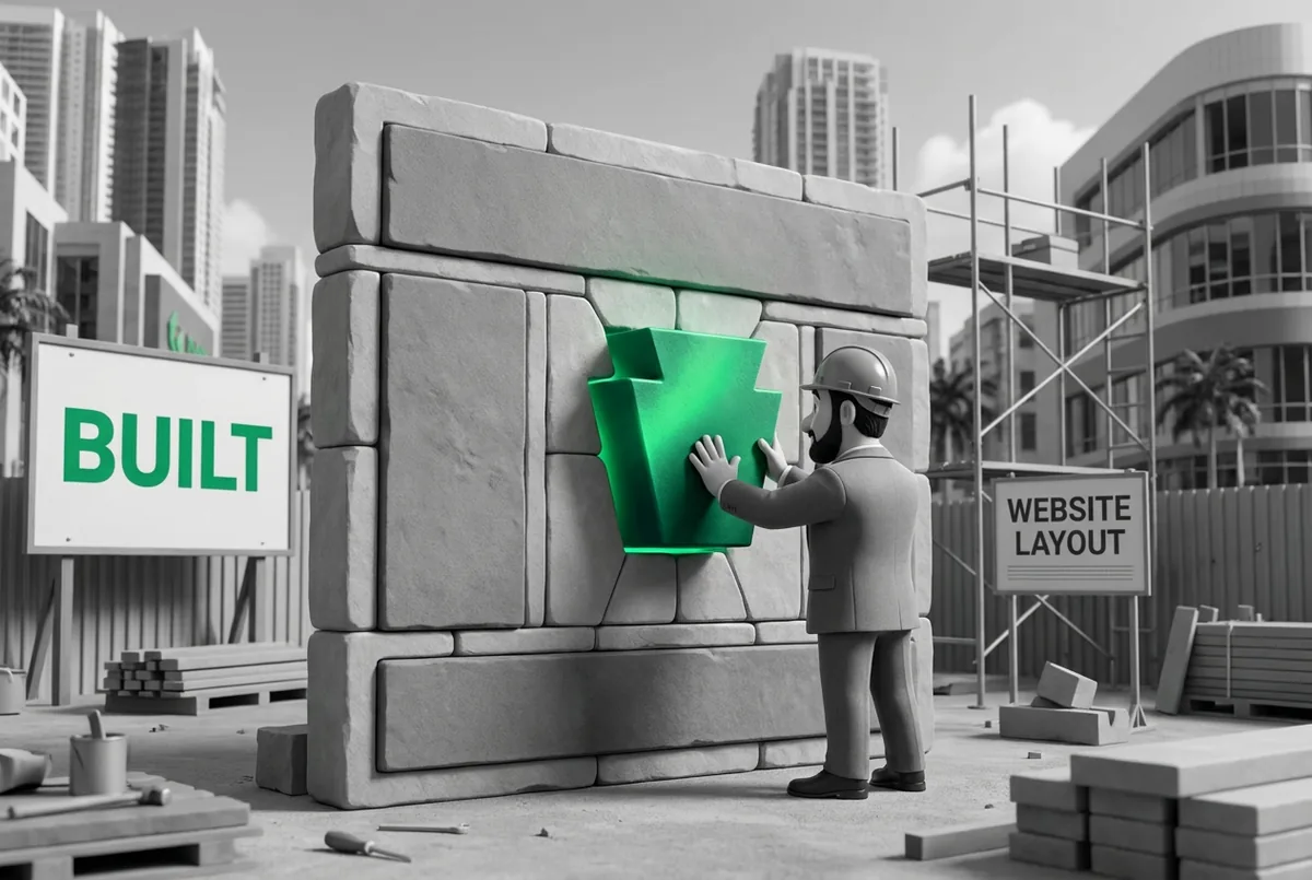 A green keystone being set into a stone wall built in the shape of a page