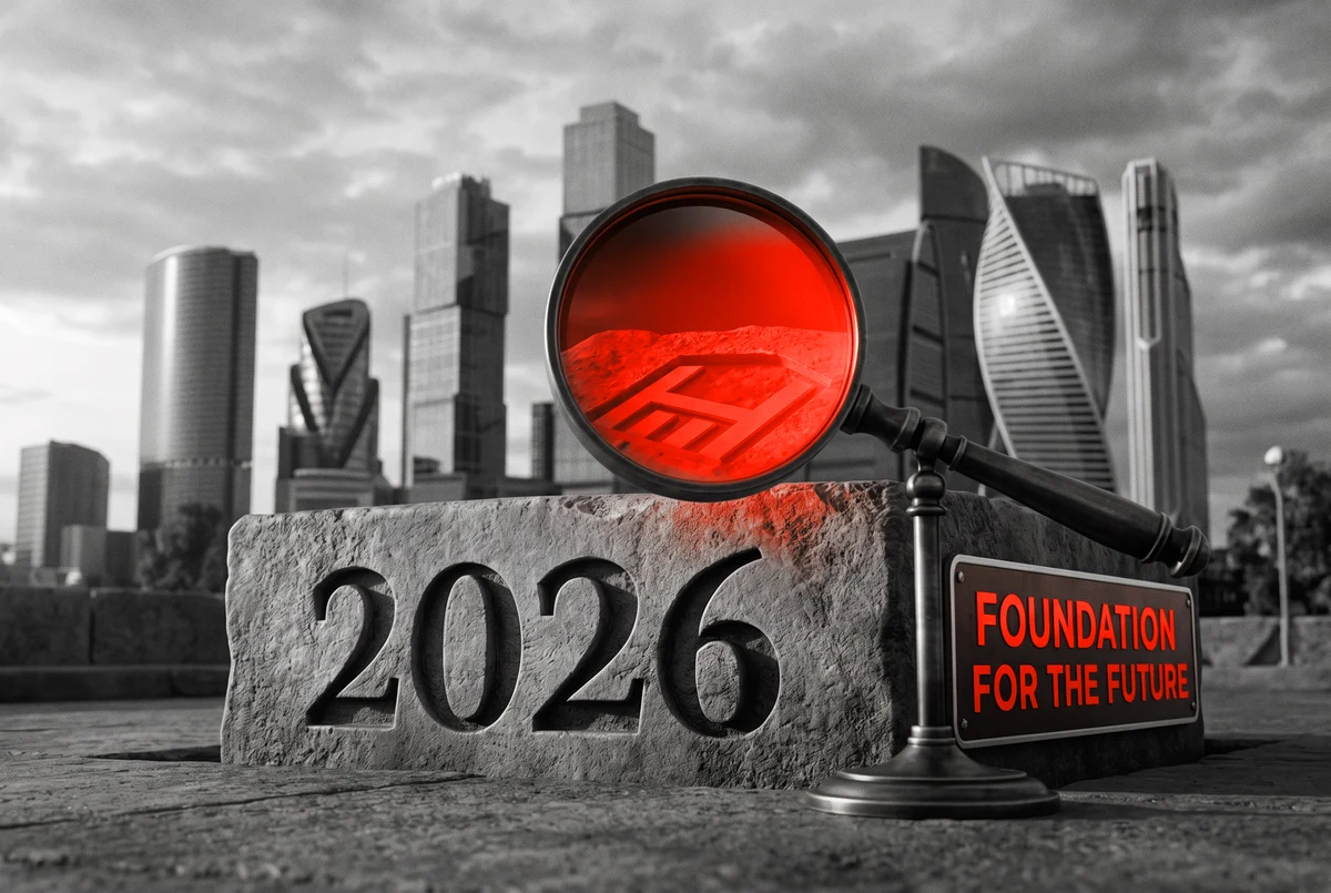 An old stone foundation examined through a orange magnifier, city behind