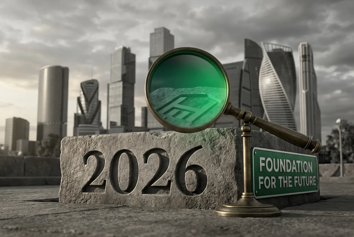 An old stone foundation examined through a green magnifier, city behind