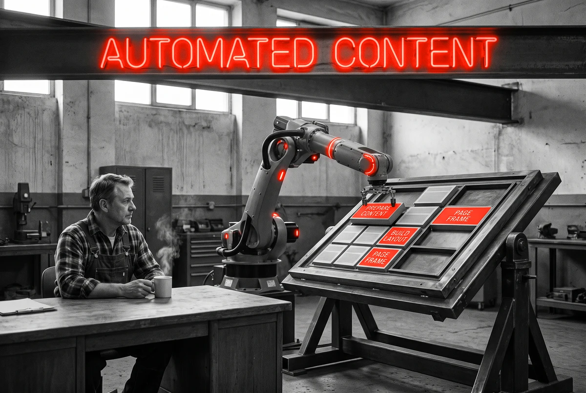 A robotic arm with orange joints placing content blocks into a page frame