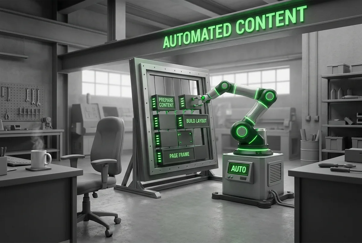A robotic arm with green joints placing content blocks into a page frame